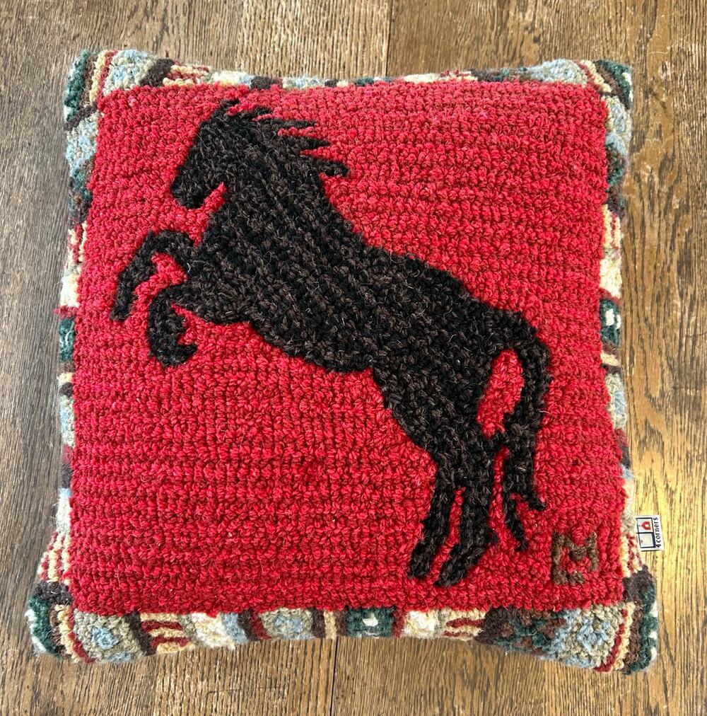 Chandler 4 Corners Cinnamon Horse Wool Hooked Pillow w/ Insert 18x18 Ranch Cabin